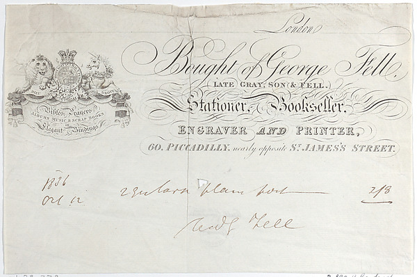 Trade Card for George Fell, Stationer, Bookseller, Engraver and Printer