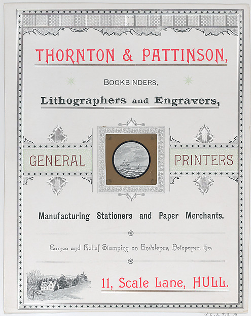 Trade Card for Thorton & Pattinson, Bookbinders, Lithographers and Engravers