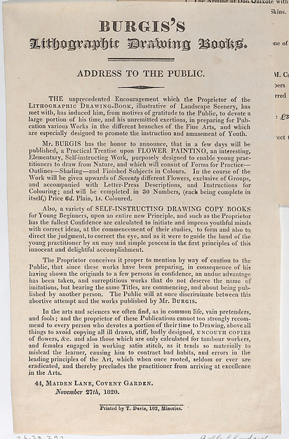 Trade Card for Burgis's Lithographic Drawing Books