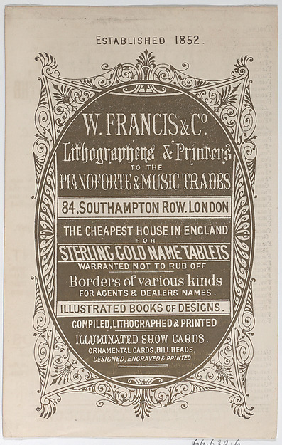 Trade Card for W. Francis & Co., Lithographers and Printers