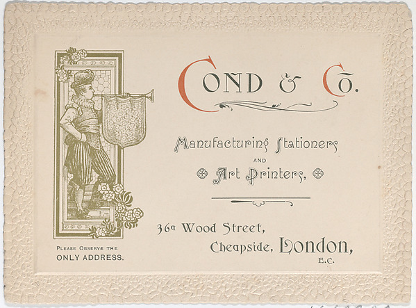 Trade Card for Cond & Co., Manufacturing Stationers and Art Printers