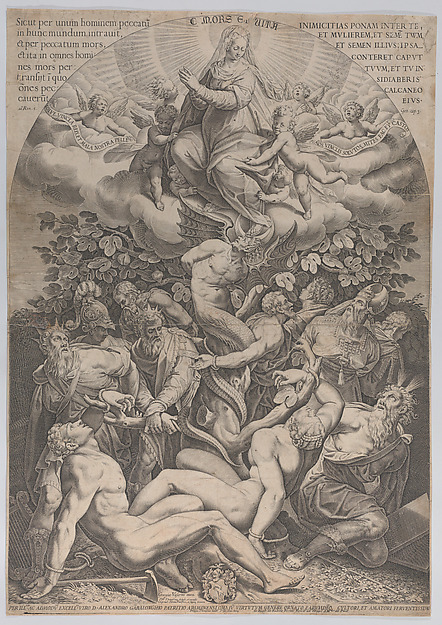 Allegory of the Immaculate Conception, with Adam, Eve, kings, priest, soldier and Moses tied at the bottom of a fig tree, and the Virgin sitting on cloud overhead, surrounded by angels by Philippe Thomassin