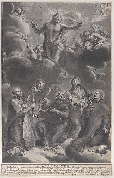 Five saints kneeling and adoring Christ: Saint Francis Borgia, Saint Louis Bertrand, Saint Cajetan, Saint Rosa of Lima, and Saint Philip Benzi by François Spierre