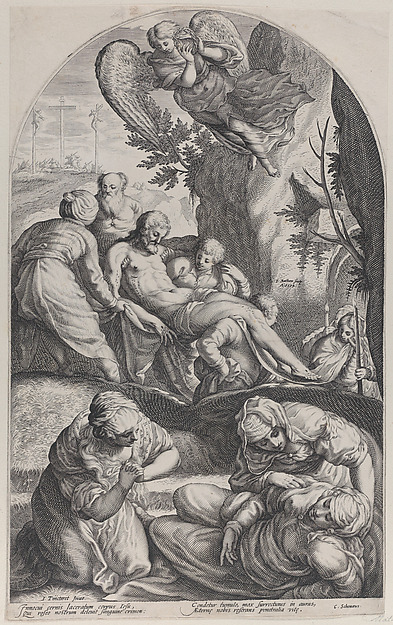 The Entombment, with Christ's body carried on a sheet at center, the three Maries in the foreground, and an angel overhead by Jacob Matham