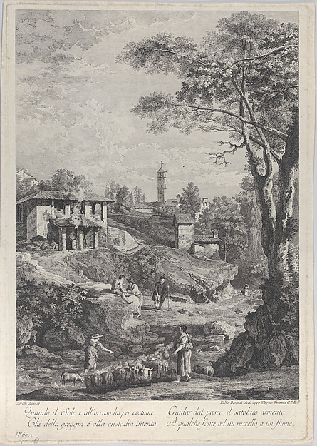 Landscape with shepherds, houses and a tower in the distance