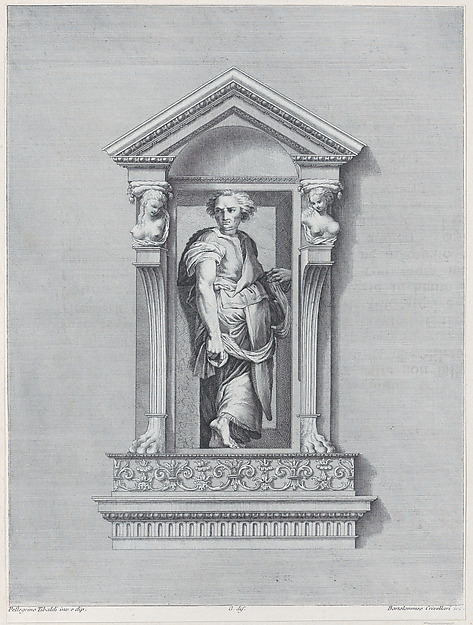 A standing man in a niche looking toward the left