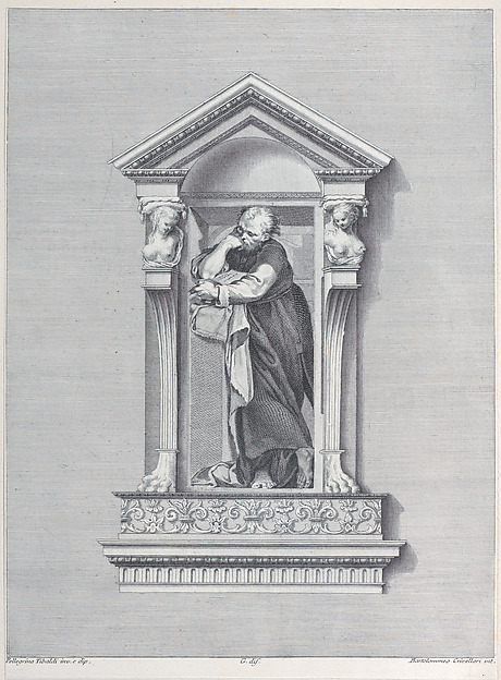 A standing man in a niche with his elbow resting on a column