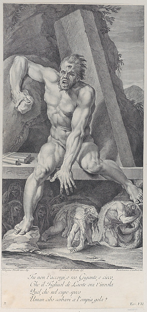 Plate 7: the blinded Polyphemus, guarding the entrance of his cavern, with Ulysses and his companions escaping below by covering themselves with ram skins