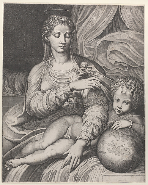 Madonna of the Rose, she reaches for a rose held by the Christ child, who rests his left arm on a globe by Domenico Tibaldi