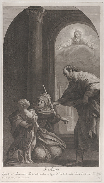 Saint Anne kneeling holding the Virgin, with Saint Joachim holding his staff at right