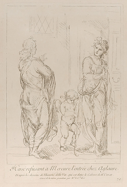 Aglauros preventing Mercury to enter Herse's room, with Cupid at center