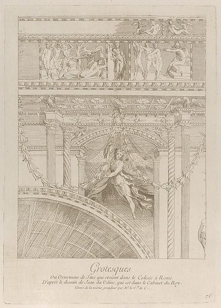 Grotesques: detail of the stucco reliefs decorating the Colosseum in Rome, with a winged figure hovering between two pairs of columns