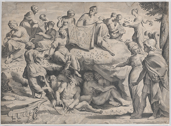 Allegory with Minerva at right, leading a young man towards Mount Parnassus, where the Muses sit