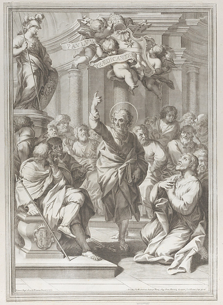 Saint Paul preaching at center, standing in a crowd in a columned interior, pointing upwards toward putti who hold a scroll by Arnold van Westerhout