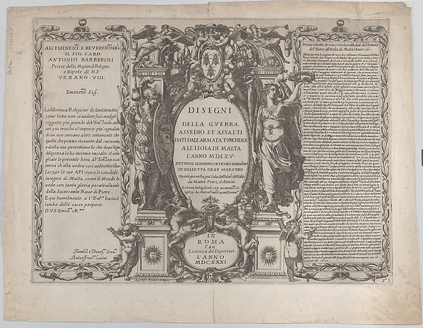 Frontispiece for "Drawings of the war, siege, and assault of the Turkish army on the island of Malta" (Disegni della guerra, assedio et assalti dati dell'armata turchesca all'isola di Malta)