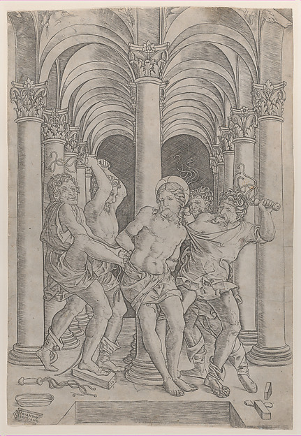 The Flagellation of Christ who is tied to a column at center set within an arcade by Giovanni Antonio da Brescia