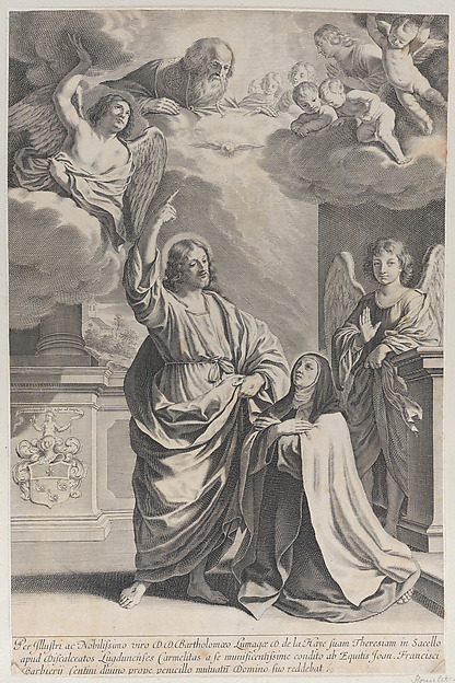Saint Theresa praying alongside Christ, who points upwards to God the Father and the Holy Spirit by Gilles Rousselet