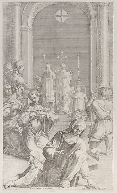 Two nuns emerging from a tomb while Saint Benedict celebrates the Mass