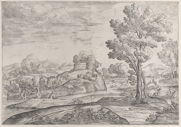 A house atop a round rock at center, people in the river and in canoes throughout