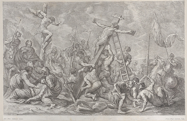 The Crucifixion, with the lowering of the cross at center, soldiers throughout, and a thief on a cross at left by Giovanni Battista Cipriani