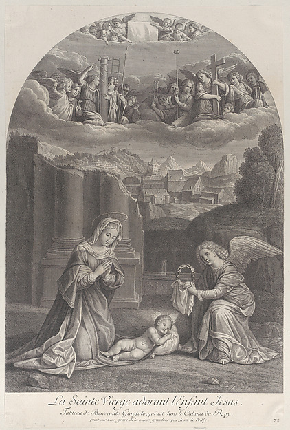 The Virgin Mary adoring the Christ child, an angel holding a crown of thorns at right by Frédéric Horthemels
