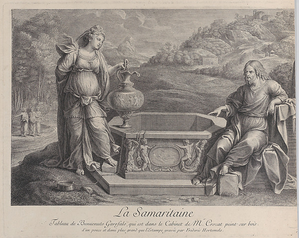 Christ, seated at right, and the woman of Samaria, who stands at left by Frédéric Horthemels