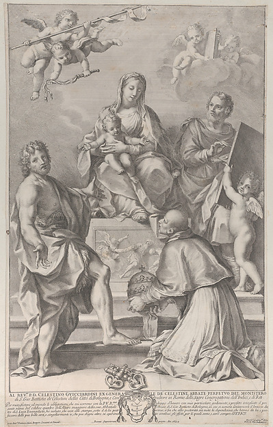 Madonna and Child at center with Saint John the Baptist, Saint Luke, Pope Peter Celestini, and angels by Robert van Audenaerde