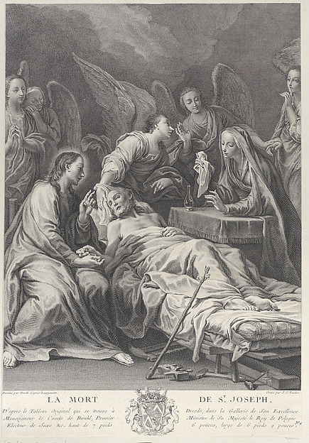 The death of Saint Joseph, lying on a bed, with Jesus, the Virgin Mary, and angels at his side by Johann Christian Teucher