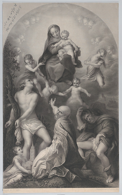 The Madonna of Saint Sebastian, with the Virgin and Child, surrounded by angels, looking down at Saint Sebastian, Saint Germinianus, and Saint Roch by Achille Désiré Lefèvre