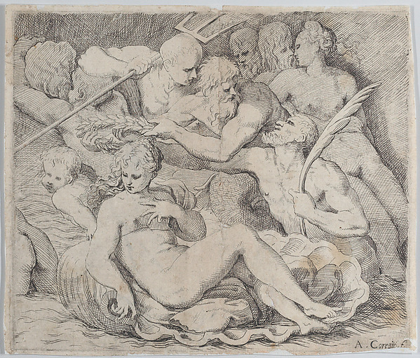 Venus, recumbent on a shell, surrounded by sea gods