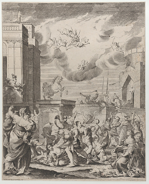 The massacre of the innocents set against a townscape by Lodovico Mattioli