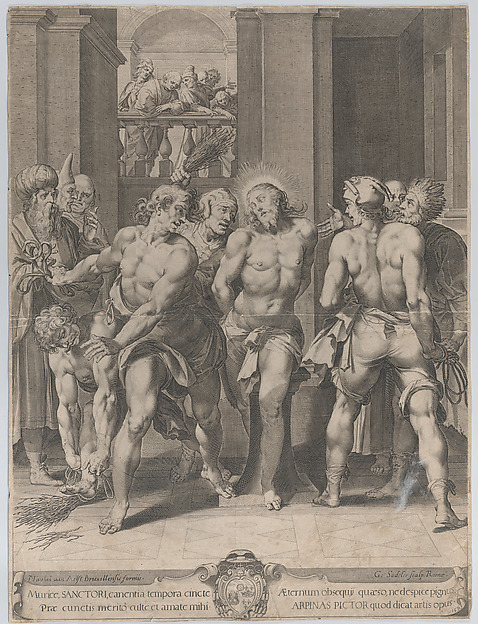 The Flagellation of Christ, with floggers on either side and figures watching from a balcony above in the background by Aegidius Sadeler II