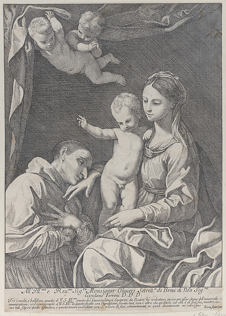 The Virgin and Child adored by Saint Carlo Borromeo, who kisses her hand by Hieronymus Ferroni