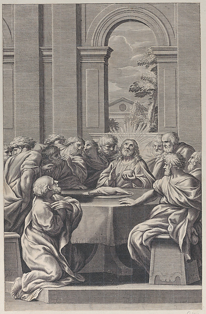 The Last Supper, the interior of a classical building with Christ and his apostles seated at a table by François Spierre