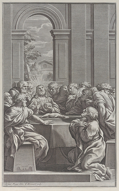 The Last Supper, the interior of a classical building with Christ and his apostles seated at a table by Cornelis Bloemaert
