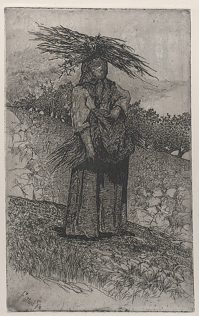 Peasant woman gathering sticks