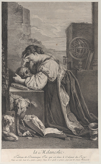 Allegory on Melancholy, with a woman kneeling towards the left holding a skull