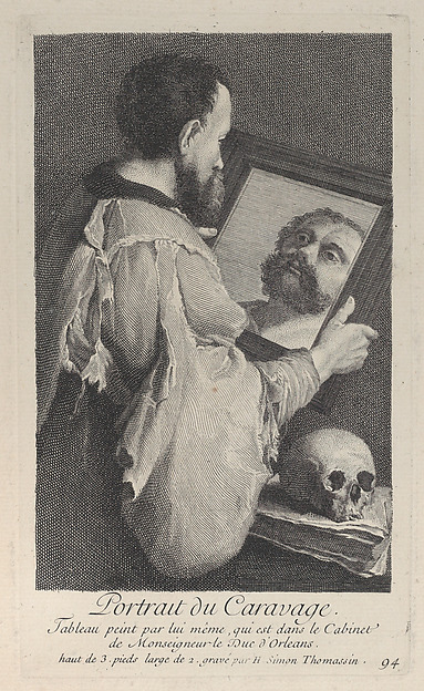 Henri Simon Thomassin, Portrait of Caravaggio, turned to the right and looking at his reflection in a mirror