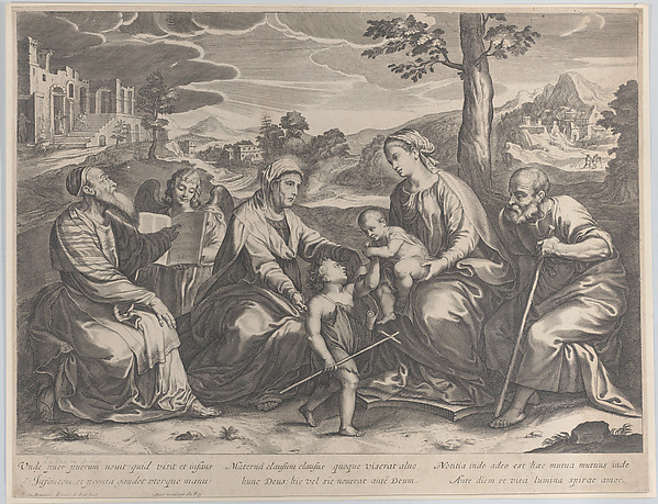 The Holy Family at right, with the infant Saint John the Baptist, Elizabeth, Zacharias, and an angel at left by Pieter de Jode II