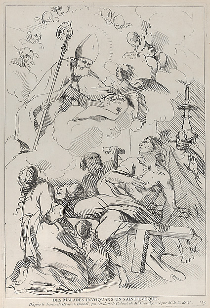Sick people summoning a Bishop saint, who appears at upper left