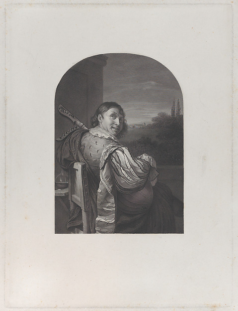 Man seated with a musical instrument, seen from behind
