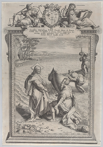Christ calling Saint Andrew, who kneels before him on a beach, and Saint Peter, who climbs out of a boat at right by Adriaen Collaert