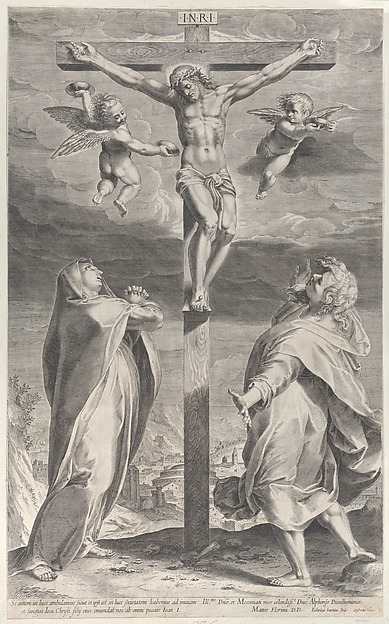 Crucifixion with the Virgin Mary and Saint John the Evangelist, angels overhead by Gijsbert Van Veen