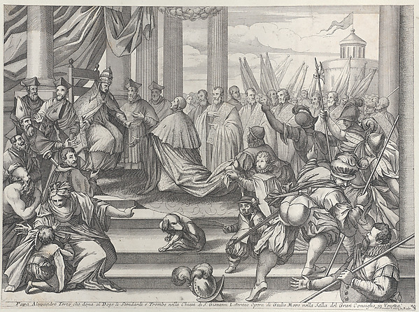 Pope Alexander III presents Doge Ziani with standards and bugles after his defeat of Holy Roman Emperor Frederick I Barbarossa, from "Il gran Teatro di Venezia" (The great theater of Venice)