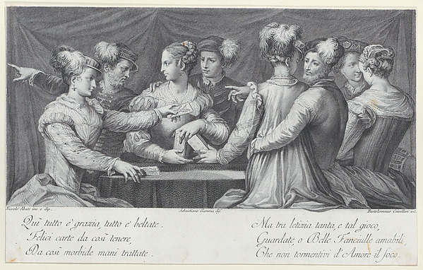 A group of elegantly dressed people playing cards