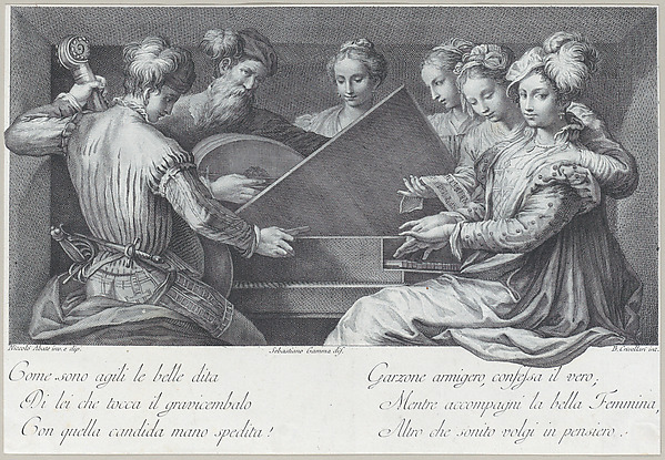 A group of elegantly dressed people playing the piano and other instruments