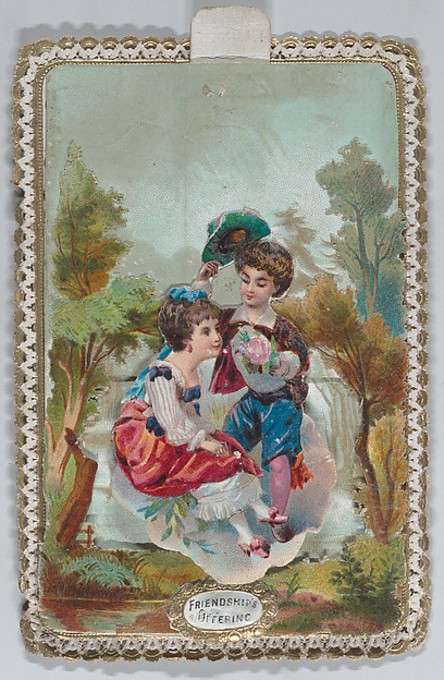 Valentine - Mechanical scene, couple riding in a coach drawn by goats.