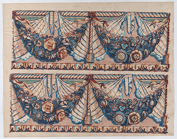 Sheet with a two borders with hanging drapery and two blue floral garlands