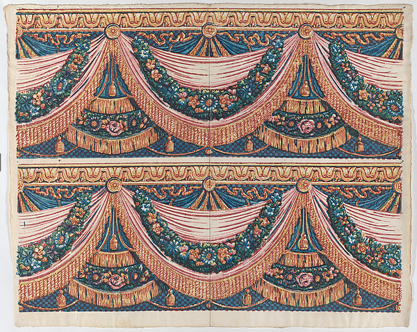Sheet with two borders with draped curtains and floral garlands