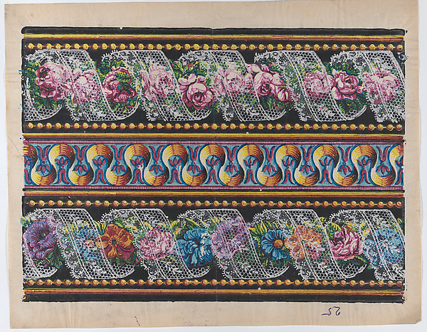 Sheet with a border with floral garlands and lace on a black background